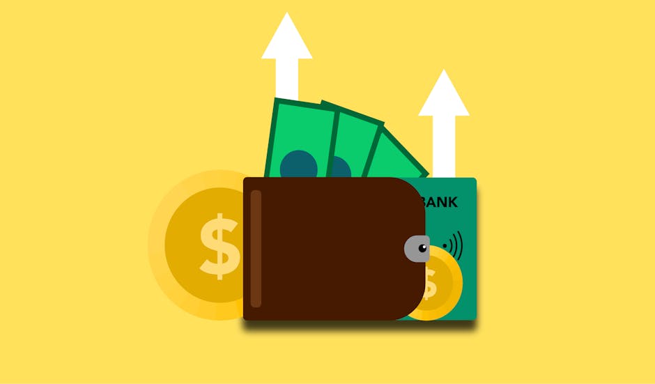 Illustration of wallet with money banknotes coins and bank card in wallet with arrows up showing income growth on yellow